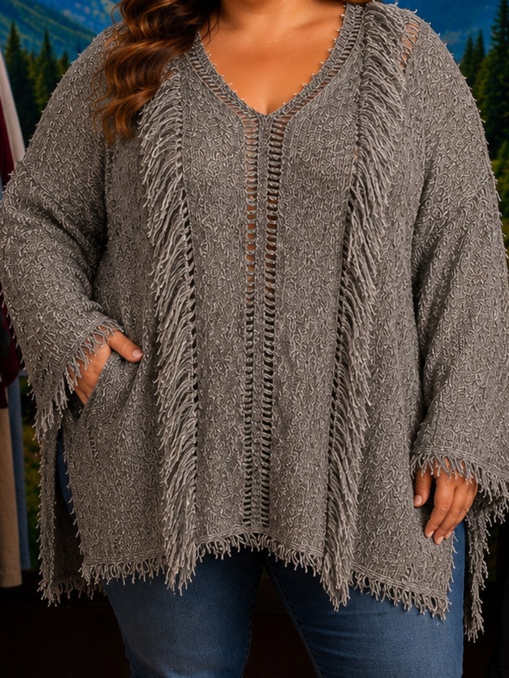 Textured Fringe V-Neck Sweater in Gray